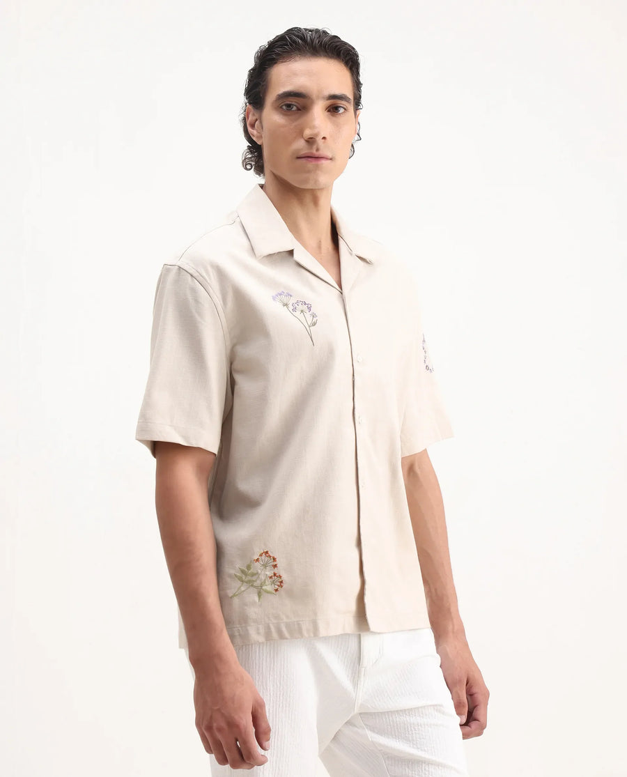 Rare Rabbit Men's Mouzon Off White Cotton Embroidered Relaxed Fit Half Sleeve Cuban Collar Shirt