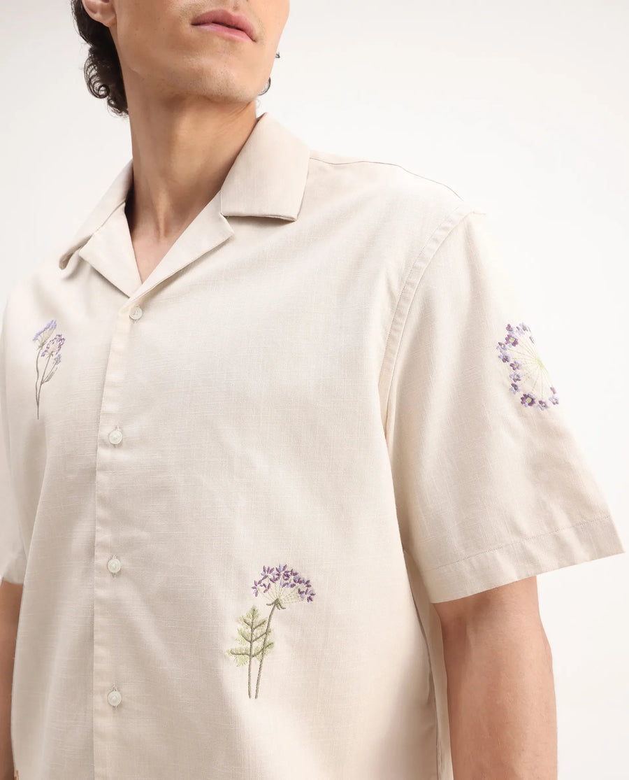 Rare Rabbit Men's Mouzon Off White Cotton Embroidered Relaxed Fit Half Sleeve Cuban Collar Shirt