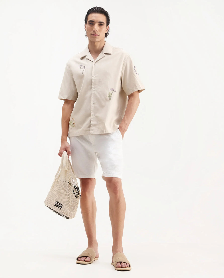 Rare Rabbit Men's Mouzon Off White Cotton Embroidered Relaxed Fit Half Sleeve Cuban Collar Shirt