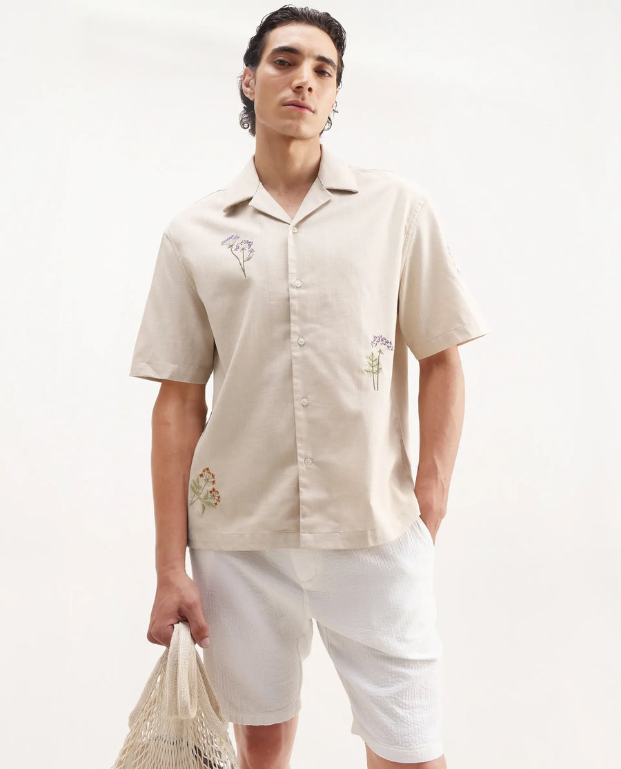 Rare Rabbit Men's Mouzon Off White Cotton Embroidered Relaxed Fit Half Sleeve Cuban Collar Shirt