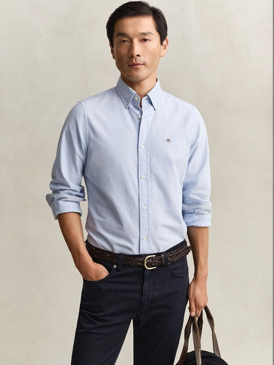 Gant Men Blue Solid Slim Fit Oxford Shirt