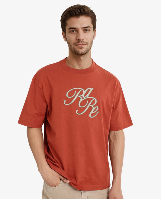 Rare Rabbit Men's Muville Rust Cotton Graphic Print Oversized Fit Half Sleeve Crew Neck T-Shirt