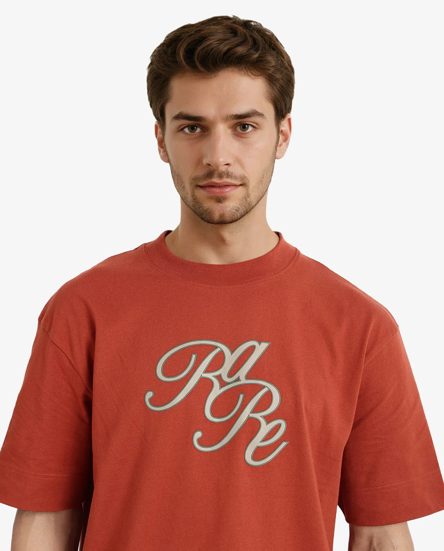 Rare Rabbit Men's Muville Rust Cotton Graphic Print Oversized Fit Half Sleeve Crew Neck T-Shirt