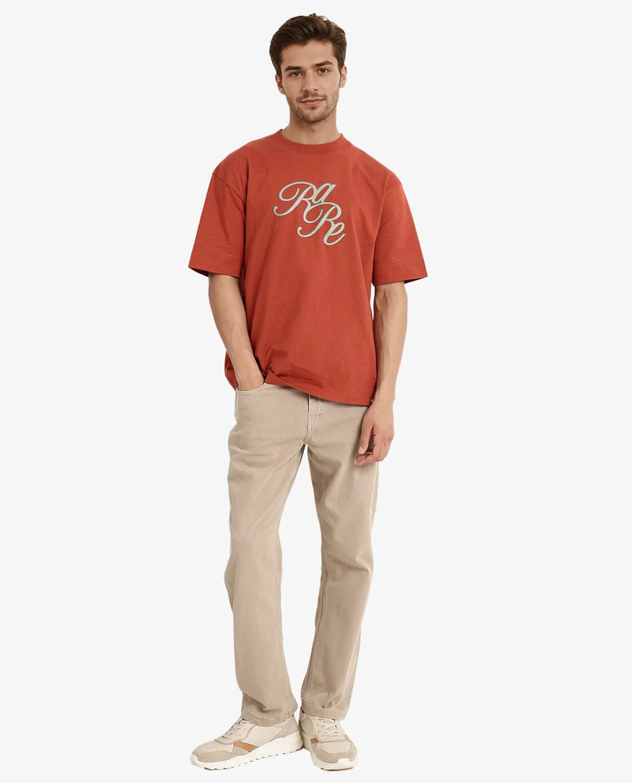 Rare Rabbit Men's Muville Rust Cotton Graphic Print Oversized Fit Half Sleeve Crew Neck T-Shirt