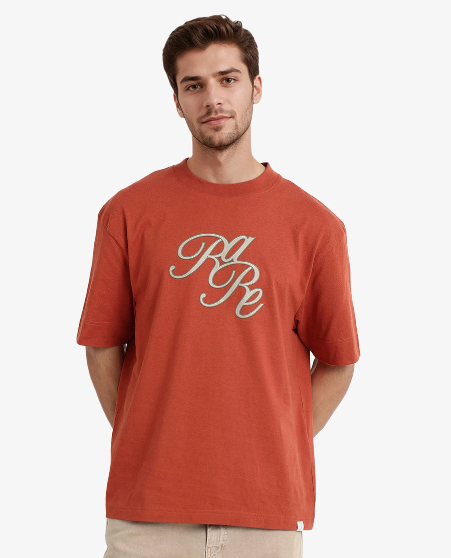 Rare Rabbit Men's Muville Rust Cotton Graphic Print Oversized Fit Half Sleeve Crew Neck T-Shirt