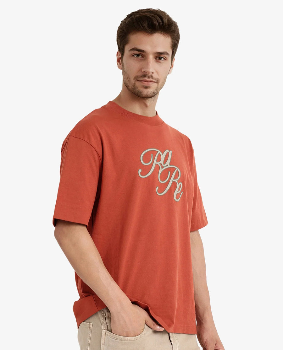 Rare Rabbit Men's Muville Rust Cotton Graphic Print Oversized Fit Half Sleeve Crew Neck T-Shirt