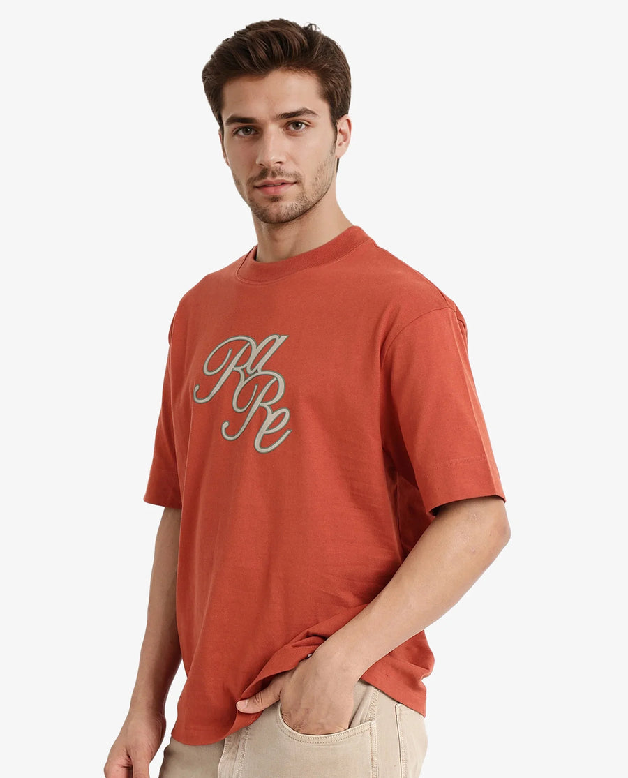 Rare Rabbit Men's Muville Rust Cotton Graphic Print Oversized Fit Half Sleeve Crew Neck T-Shirt