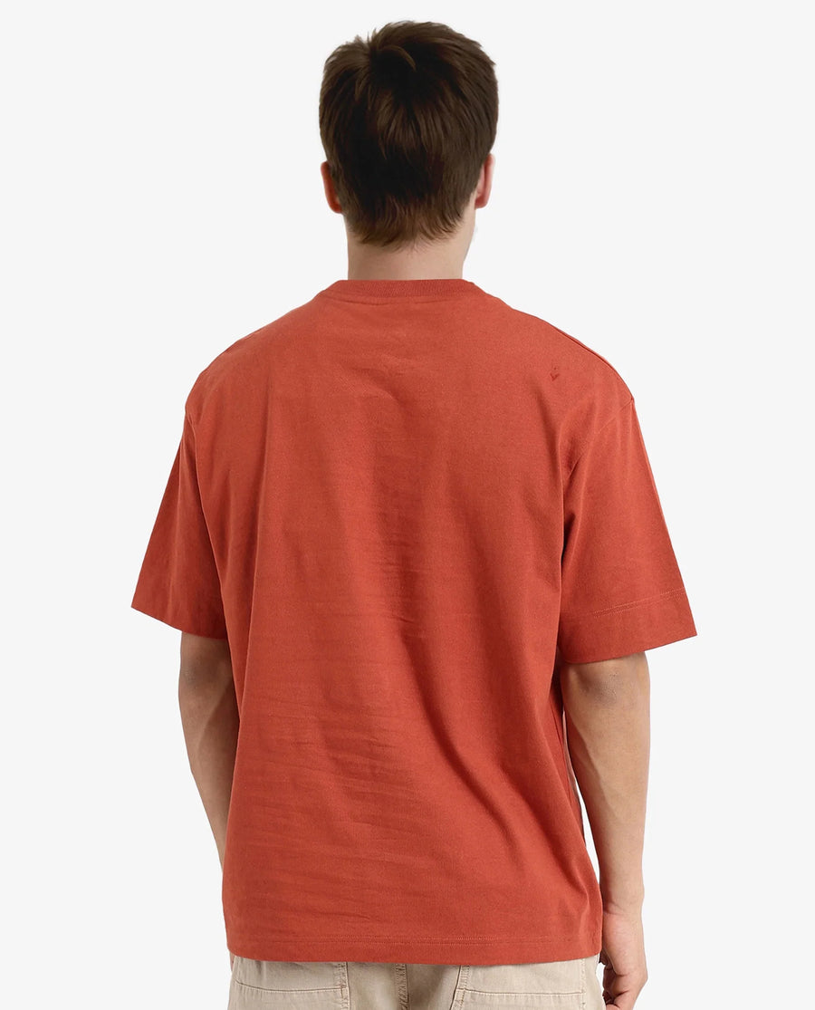 Rare Rabbit Men's Muville Rust Cotton Graphic Print Oversized Fit Half Sleeve Crew Neck T-Shirt