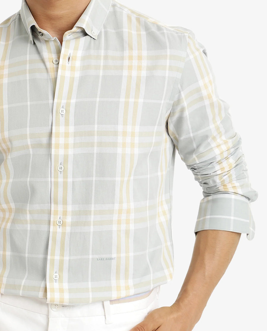 Rare Rabbit Men's Muz Light Grey Cotton Checked Print Regular Fit Full Sleeve Collared Shirt