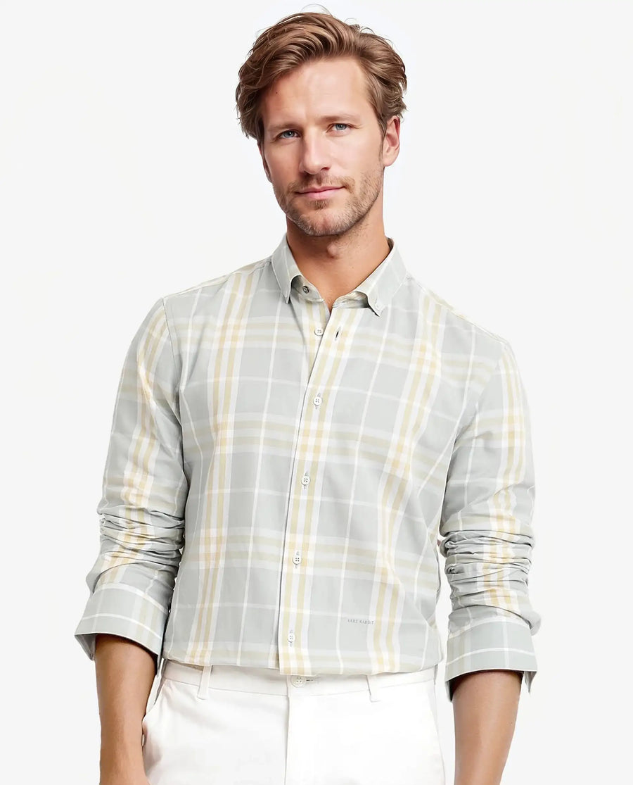 Rare Rabbit Men's Muz Light Grey Cotton Checked Print Regular Fit Full Sleeve Collared Shirt