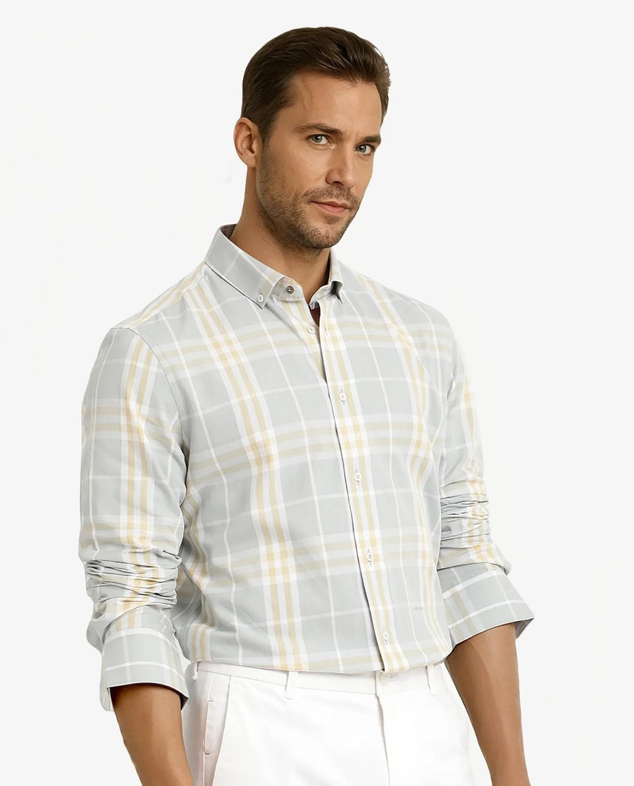 Rare Rabbit Men's Muz Light Grey Cotton Checked Print Regular Fit Full Sleeve Collared Shirt