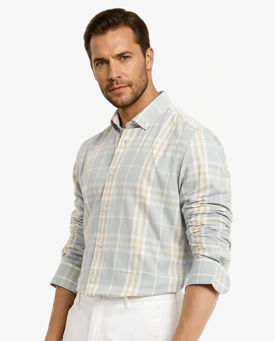 Rare Rabbit Men's Muz Light Grey Cotton Checked Print Regular Fit Full Sleeve Collared Shirt