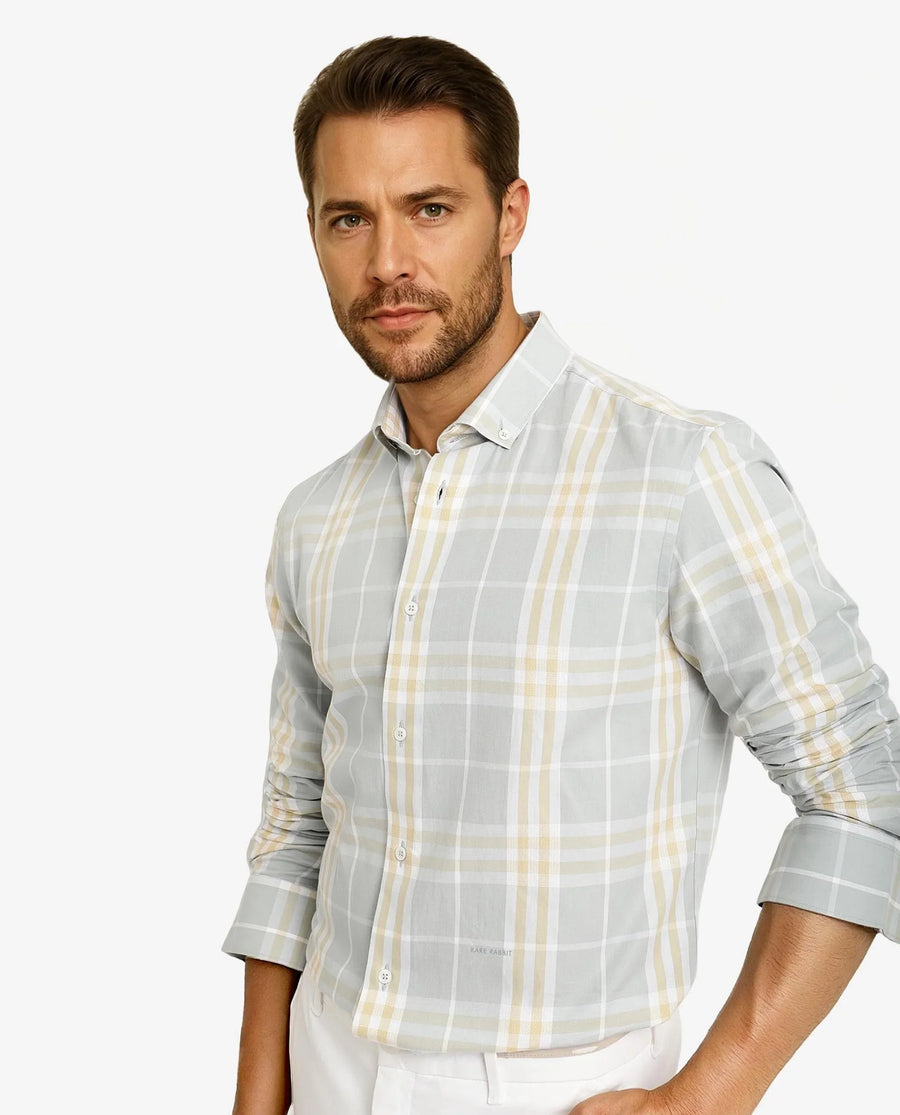 Rare Rabbit Men's Muz Light Grey Cotton Checked Print Regular Fit Full Sleeve Collared Shirt