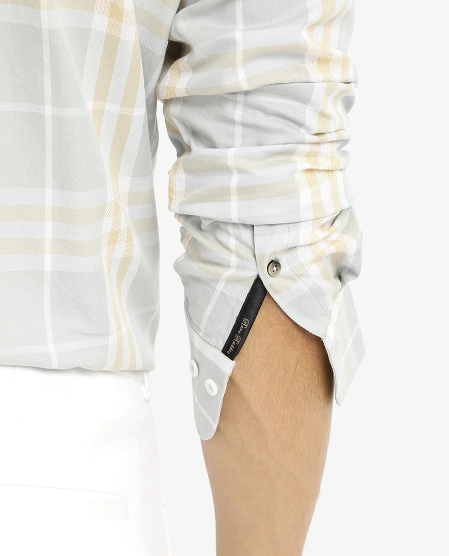 Rare Rabbit Men's Muz Light Grey Cotton Checked Print Regular Fit Full Sleeve Collared Shirt