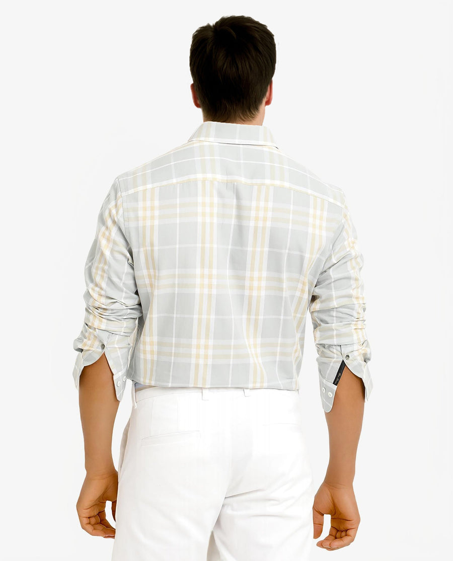 Rare Rabbit Men's Muz Light Grey Cotton Checked Print Regular Fit Full Sleeve Collared Shirt