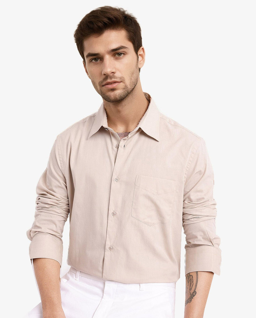 Rare Rabbit Men's Myte Beige Cotton Checked Print Regular Fit Full Sleeve Collared Shirt