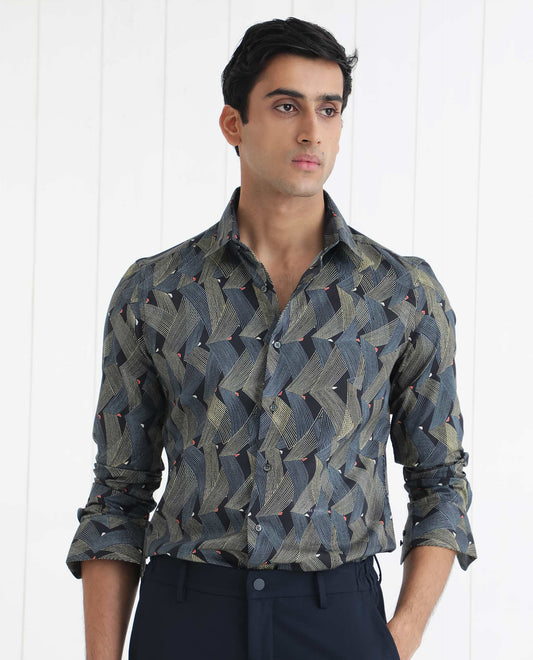 Rare Rabbit Men's Nant Black Viscose Geometric Print Regular Fit Full Sleeve Collared Shirt