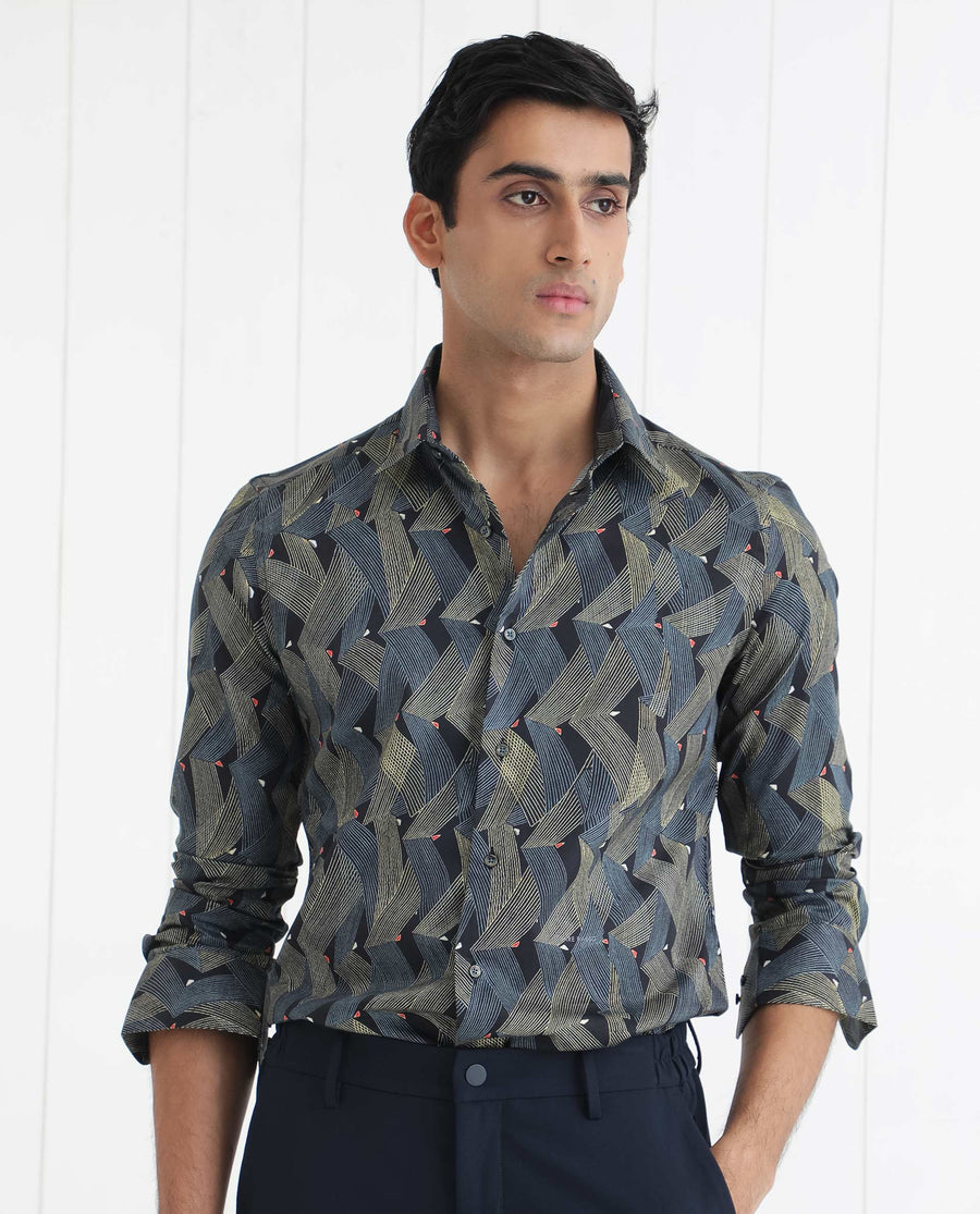 Rare Rabbit Men's Nant Black Viscose Geometric Print Regular Fit Full Sleeve Collared Shirt