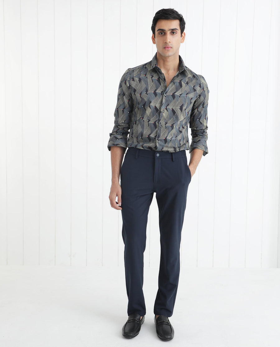 Rare Rabbit Men's Nant Black Viscose Geometric Print Regular Fit Full Sleeve Collared Shirt