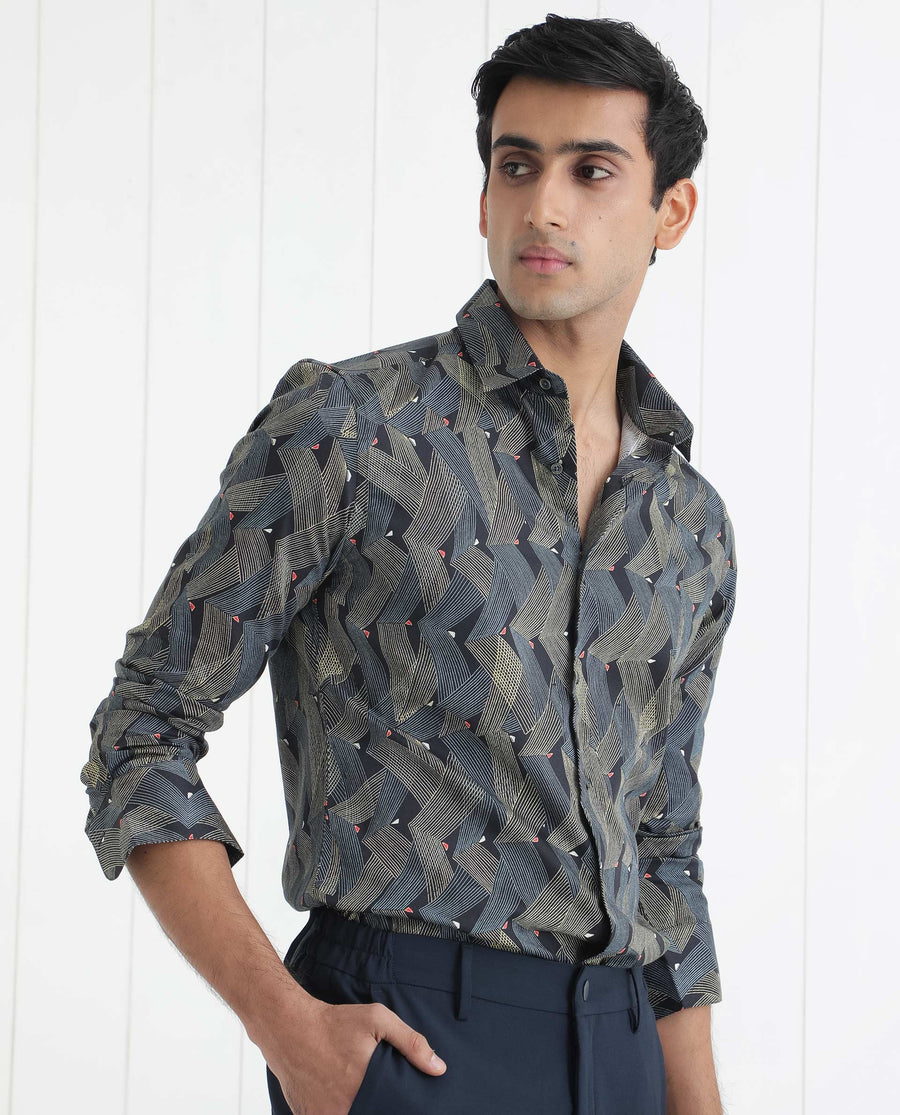 Rare Rabbit Men's Nant Black Viscose Geometric Print Regular Fit Full Sleeve Collared Shirt