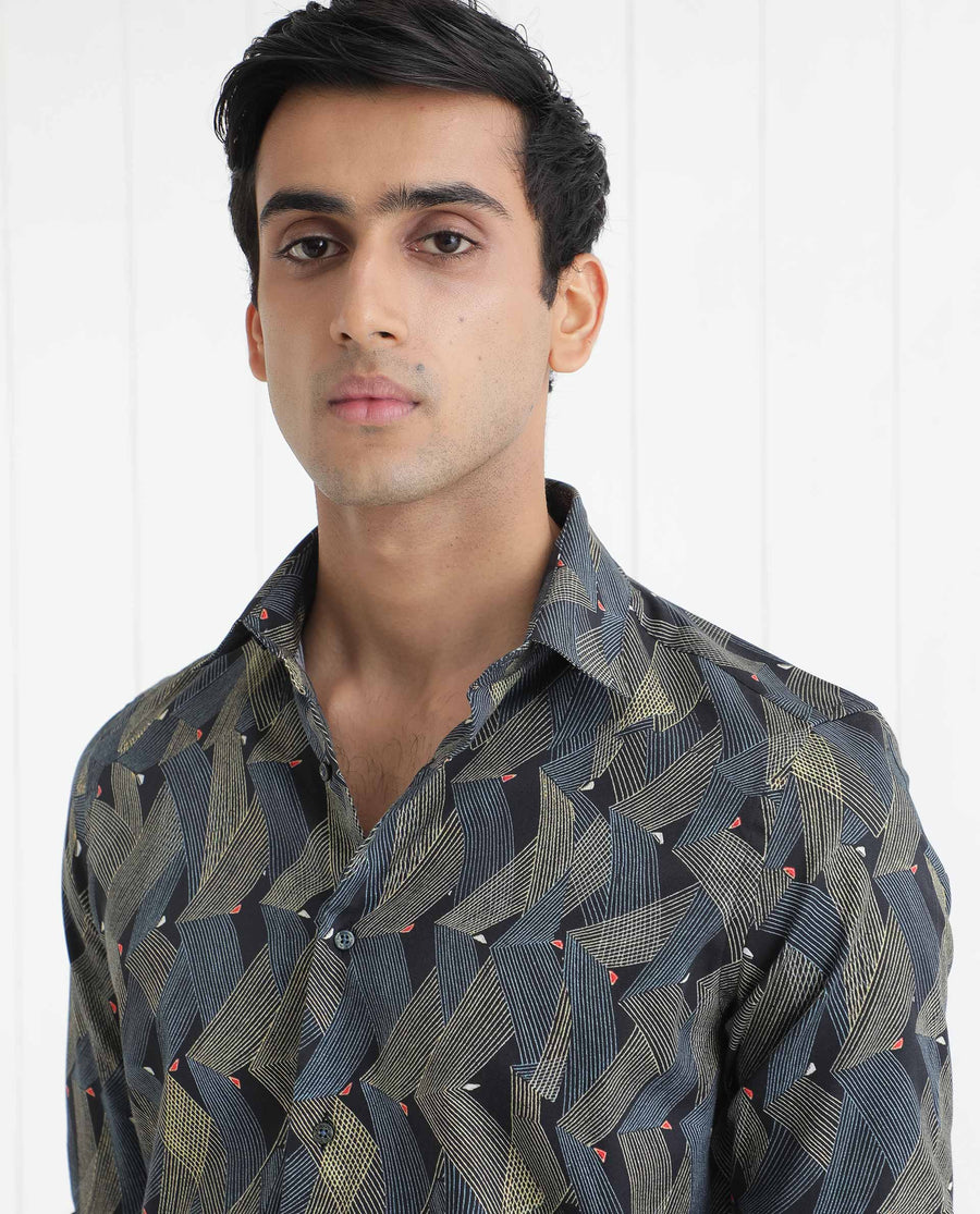 Rare Rabbit Men's Nant Black Viscose Geometric Print Regular Fit Full Sleeve Collared Shirt