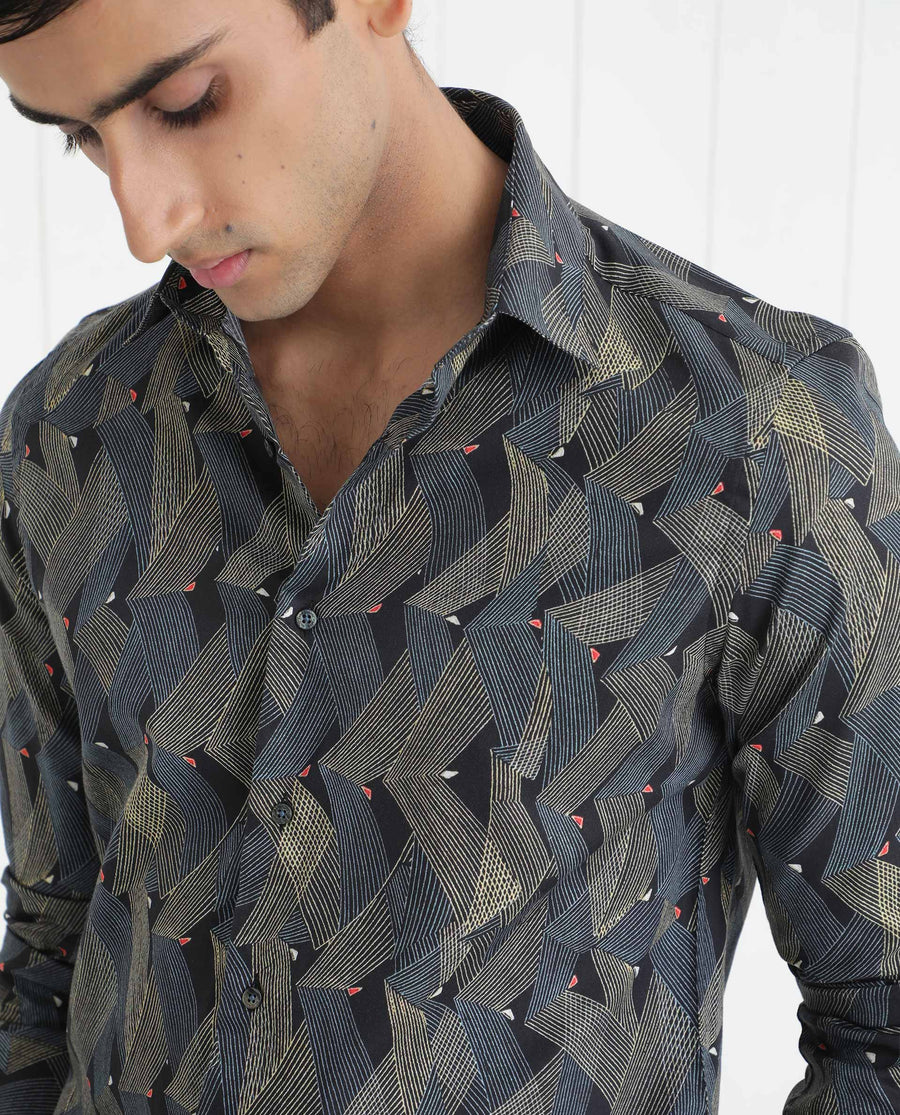 Rare Rabbit Men's Nant Black Viscose Geometric Print Regular Fit Full Sleeve Collared Shirt