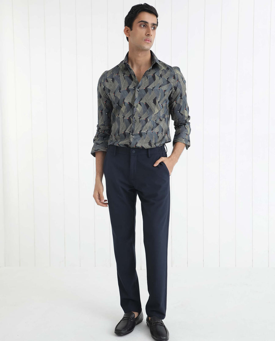 Rare Rabbit Men's Nant Black Viscose Geometric Print Regular Fit Full Sleeve Collared Shirt