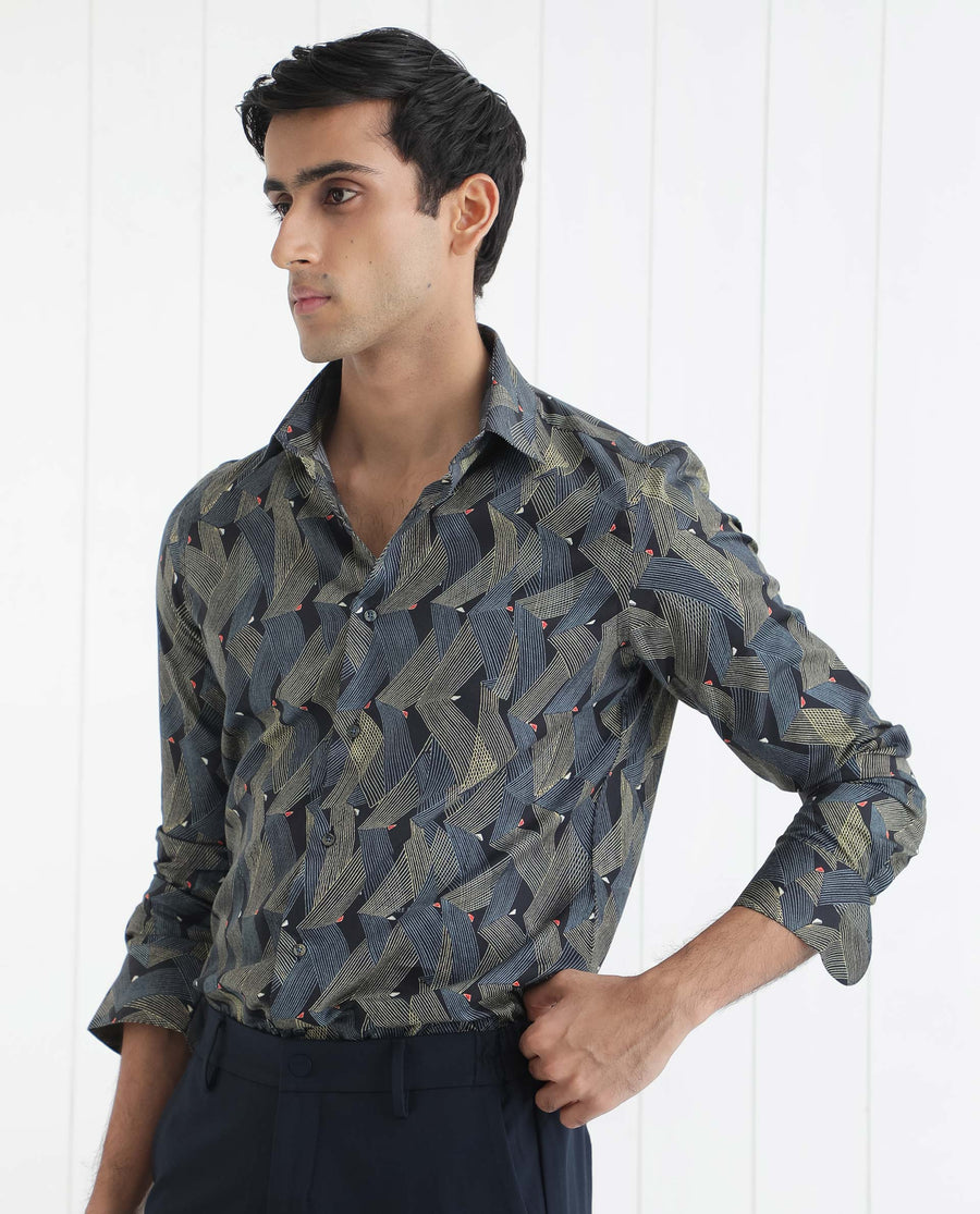 Rare Rabbit Men's Nant Black Viscose Geometric Print Regular Fit Full Sleeve Collared Shirt