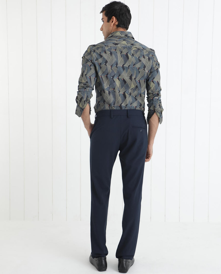 Rare Rabbit Men's Nant Black Viscose Geometric Print Regular Fit Full Sleeve Collared Shirt