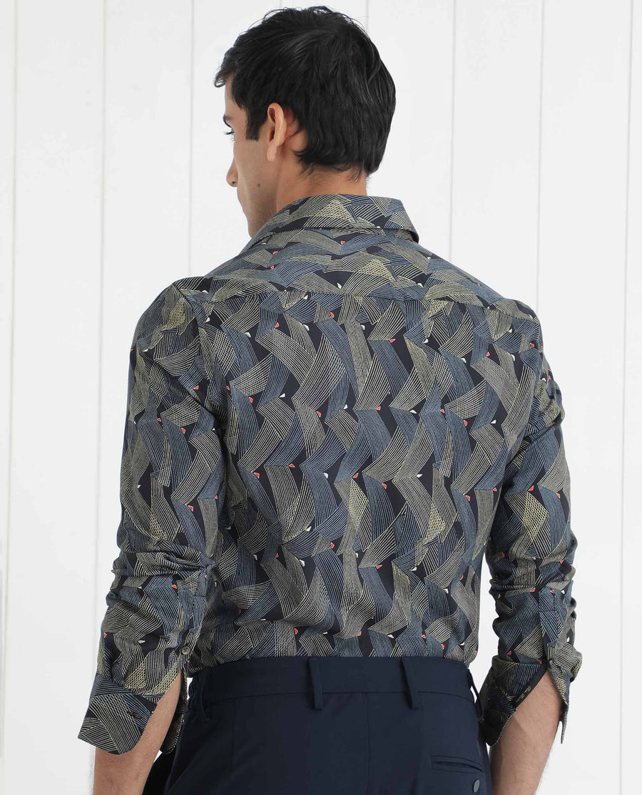 Rare Rabbit Men's Nant Black Viscose Geometric Print Regular Fit Full Sleeve Collared Shirt