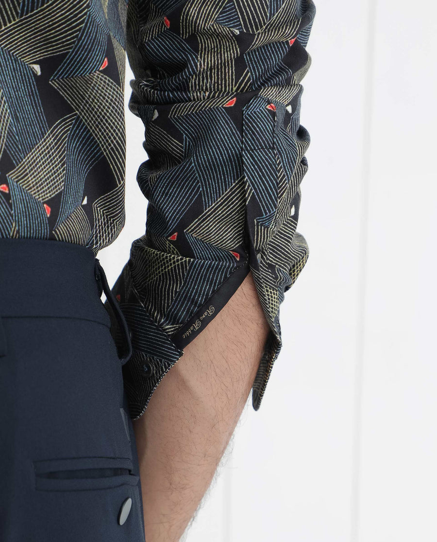 Rare Rabbit Men's Nant Black Viscose Geometric Print Regular Fit Full Sleeve Collared Shirt