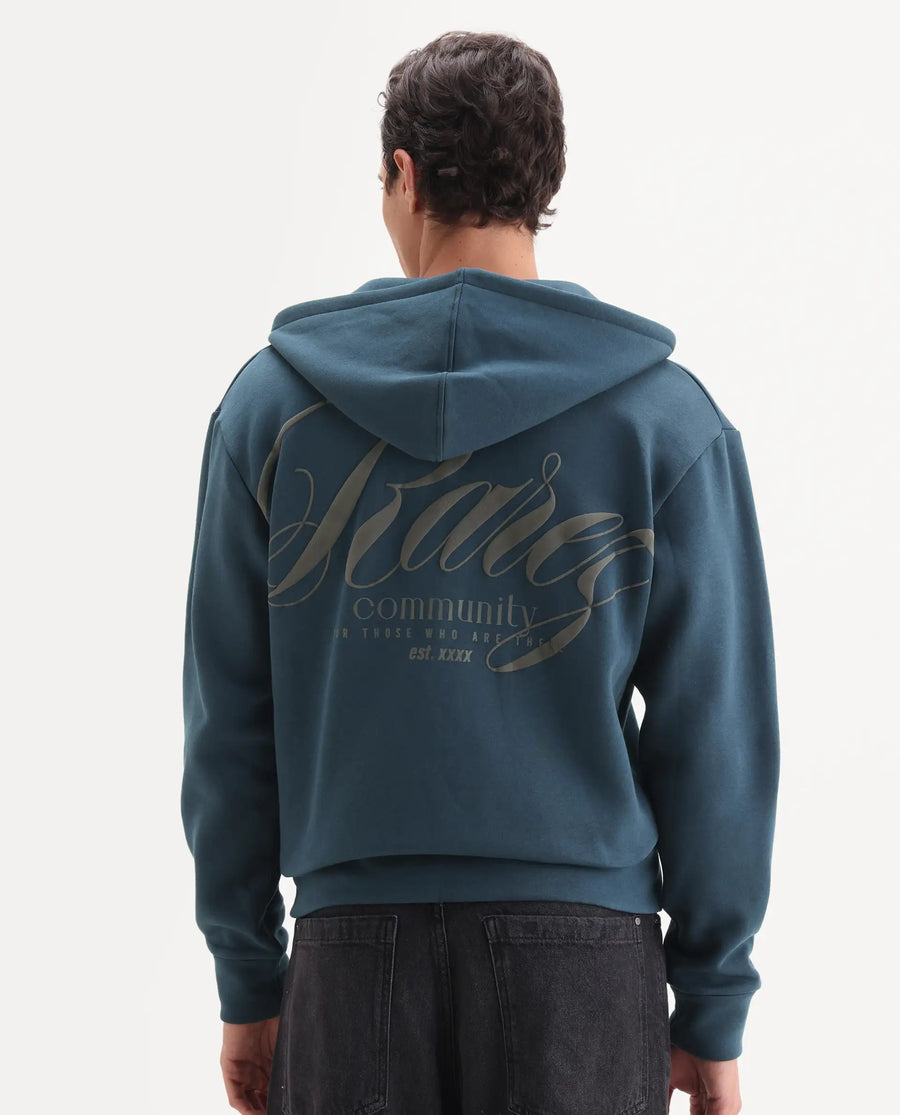 Rare Rabbit Men's Nedon Dark Teal Cotton Blend Fabric Full Sleeves Hooded Zipper Closure Typography Print Sweatshirt