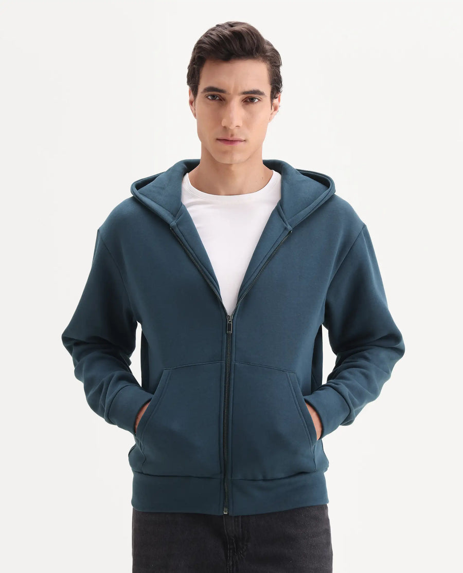 Rare Rabbit Men's Nedon Dark Teal Cotton Blend Fabric Full Sleeves Hooded Zipper Closure Typography Print Sweatshirt