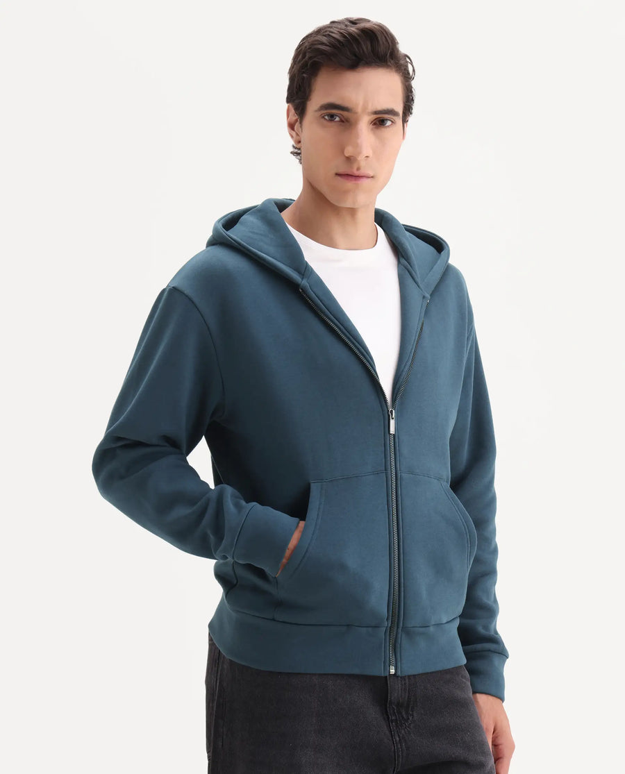 Rare Rabbit Men's Nedon Dark Teal Cotton Blend Fabric Full Sleeves Hooded Zipper Closure Typography Print Sweatshirt