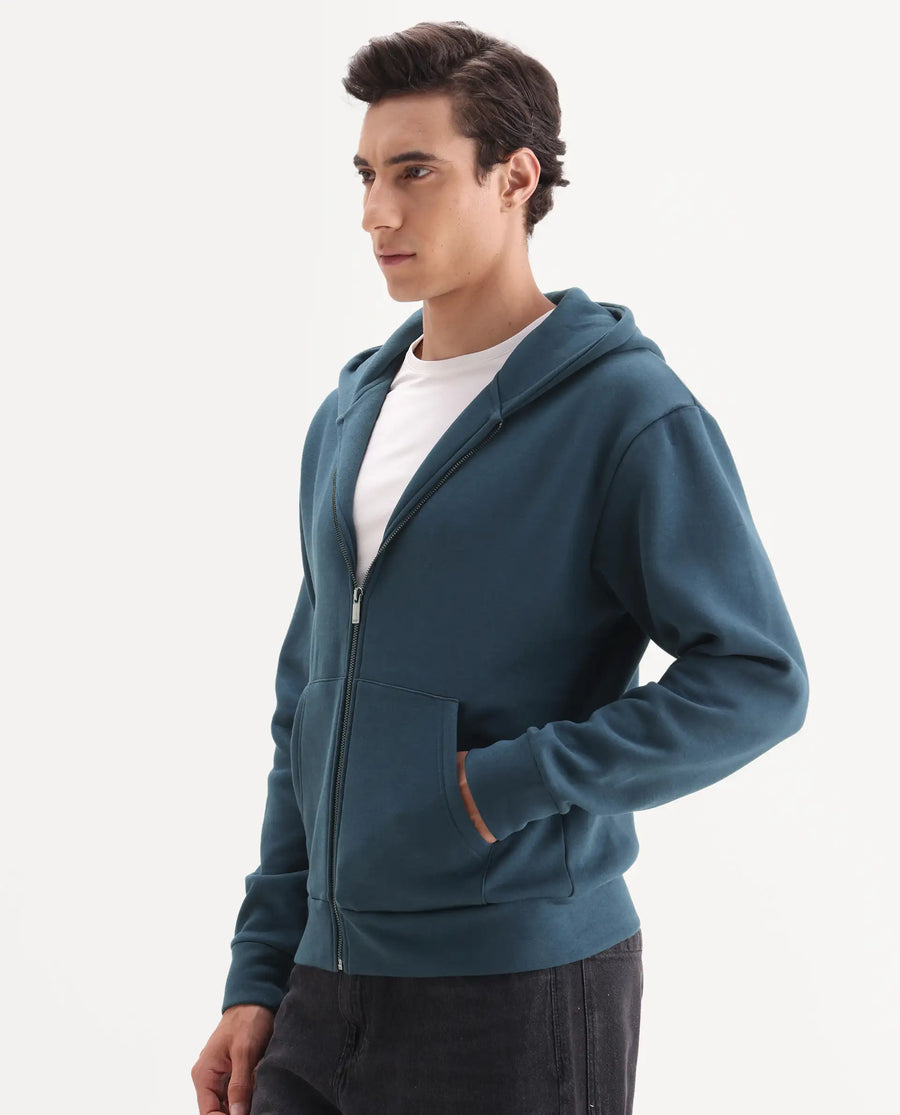 Rare Rabbit Men's Nedon Dark Teal Cotton Blend Fabric Full Sleeves Hooded Zipper Closure Typography Print Sweatshirt