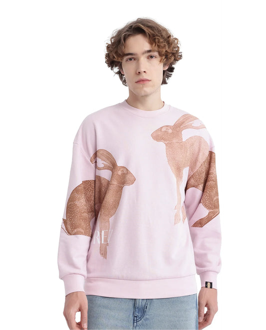 Rare Rabbit Men's Nellei Light Pink Cotton Blend Animal Print Boxy Fit Full Sleeve Crew Neck Sweatshirt
