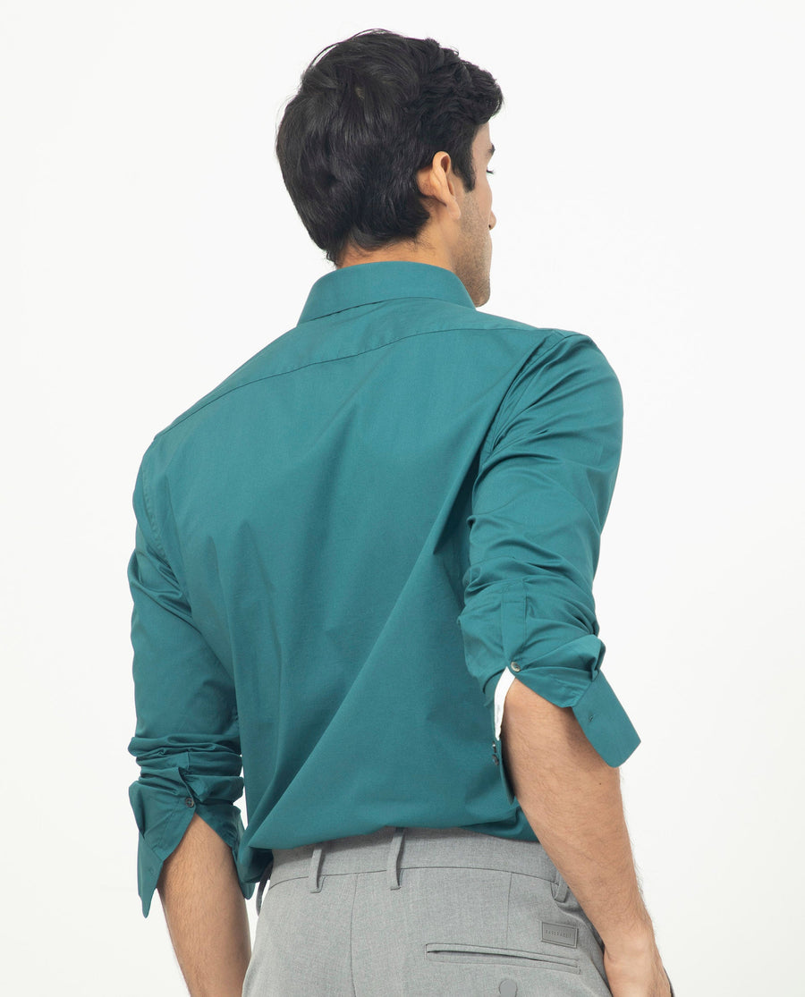 Rare Rabbit Men's Neutons Dark Green Cotton Plain Regular Fit Full Sleeve Collared Shirt