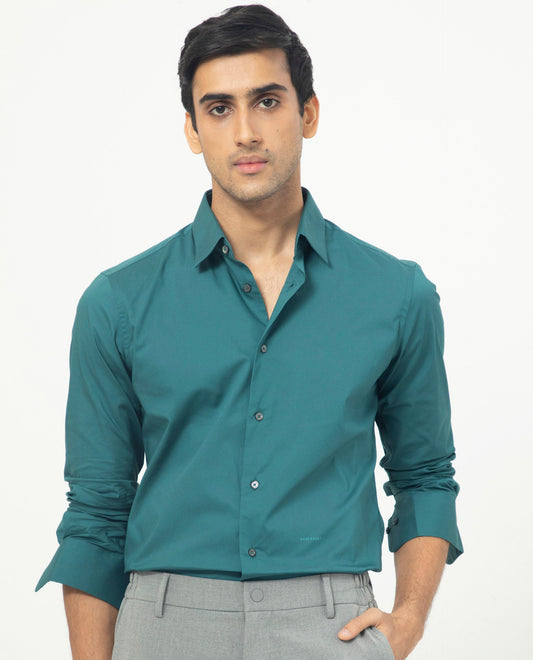 Rare Rabbit Men's Neutons Dark Green Cotton Plain Regular Fit Full Sleeve Collared Shirt