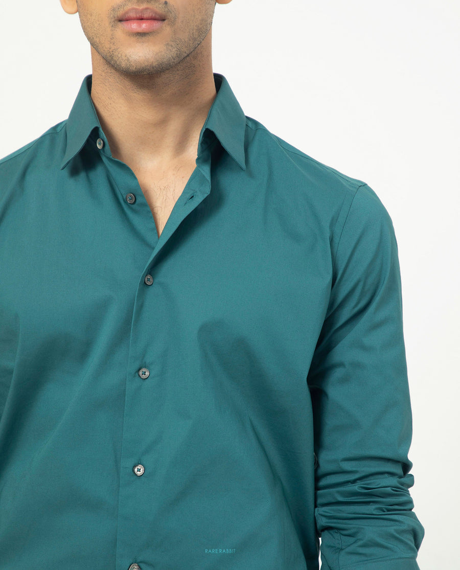 Rare Rabbit Men's Neutons Dark Green Cotton Plain Regular Fit Full Sleeve Collared Shirt