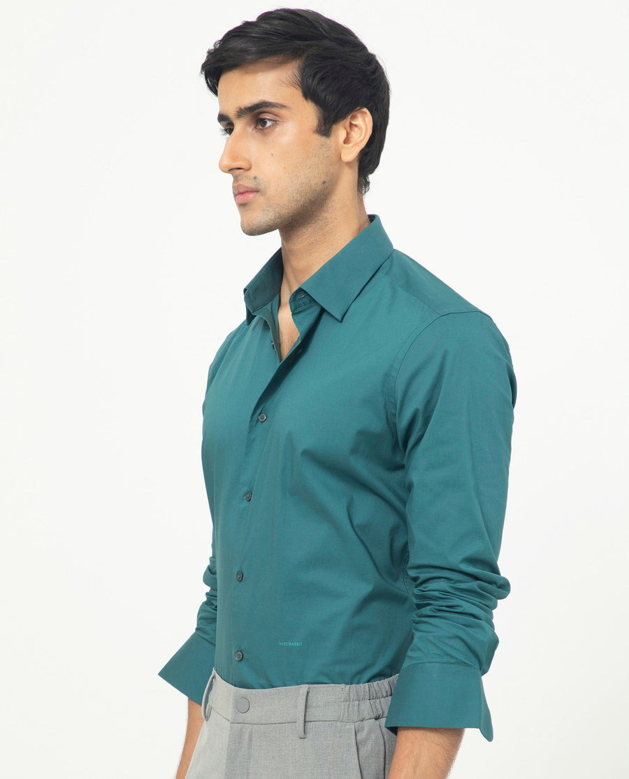 Rare Rabbit Men's Neutons Dark Green Cotton Plain Regular Fit Full Sleeve Collared Shirt