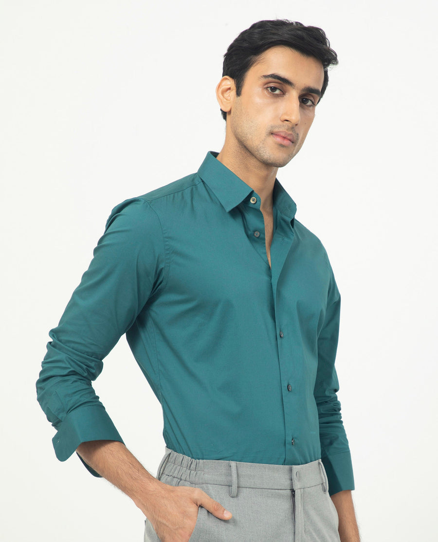 Rare Rabbit Men's Neutons Dark Green Cotton Plain Regular Fit Full Sleeve Collared Shirt