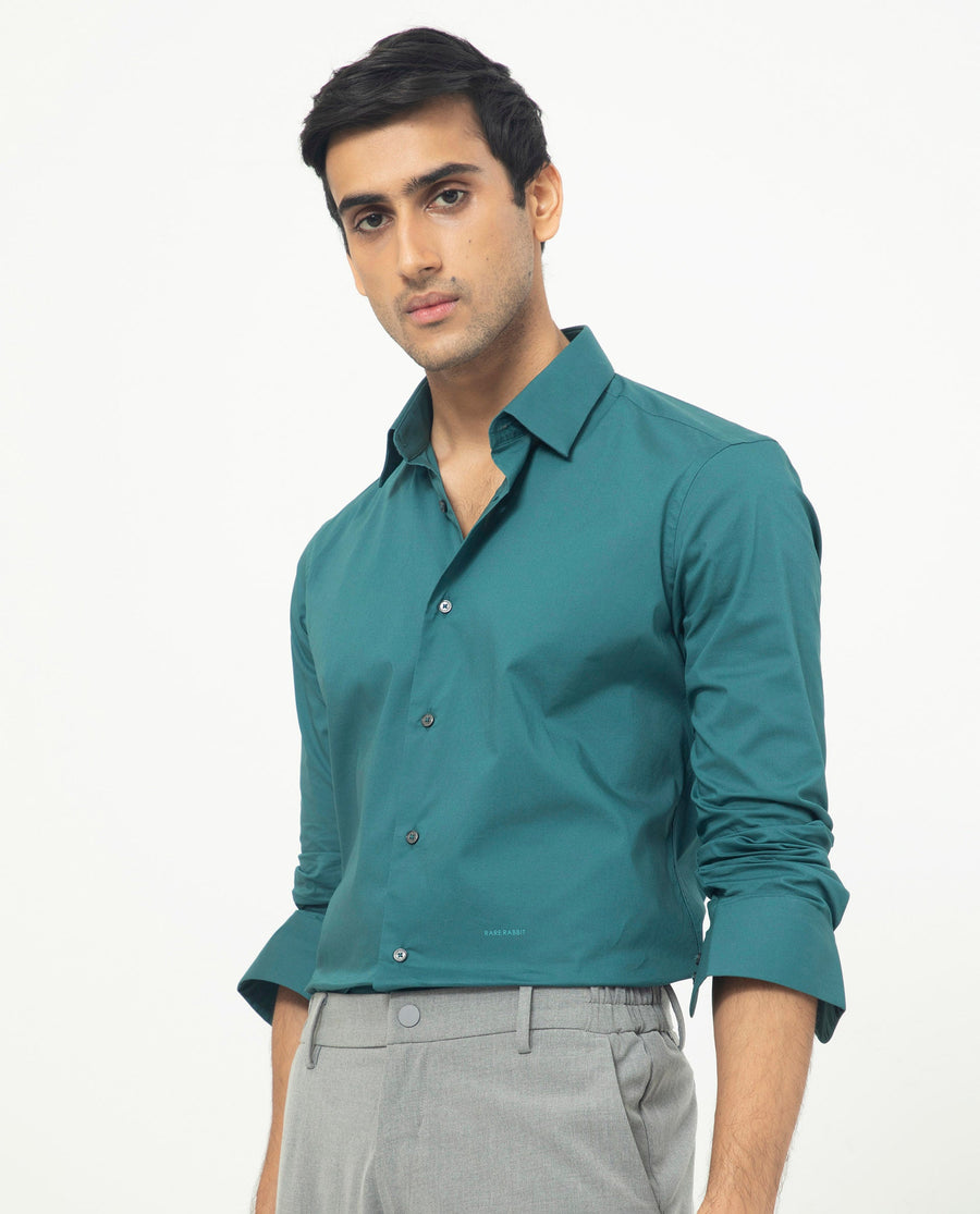 Rare Rabbit Men's Neutons Dark Green Cotton Plain Regular Fit Full Sleeve Collared Shirt