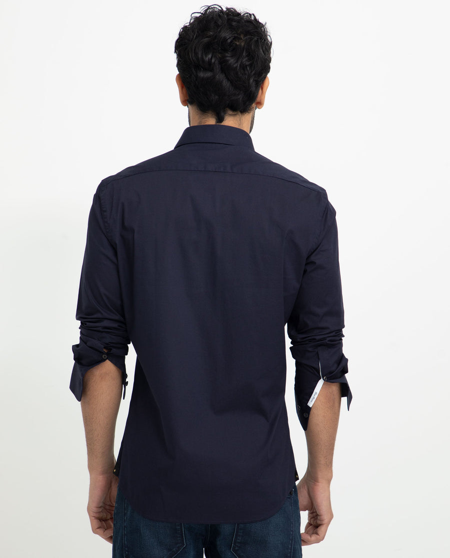 Rare Rabbit Men's Neutons Navy Cotton Plain Regular Fit Full Sleeve Collared Shirt