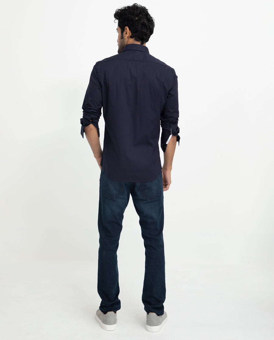 Rare Rabbit Men's Neutons Navy Cotton Plain Regular Fit Full Sleeve Collared Shirt