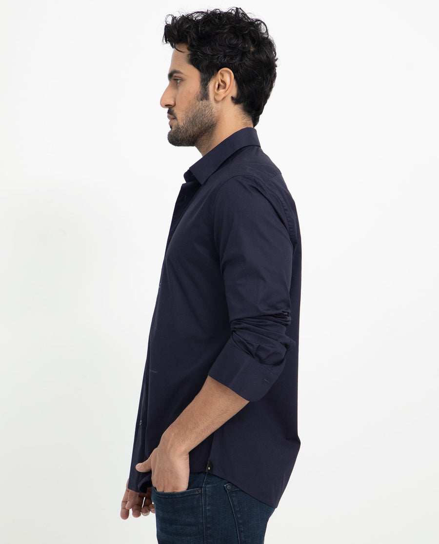 Rare Rabbit Men's Neutons Navy Cotton Plain Regular Fit Full Sleeve Collared Shirt
