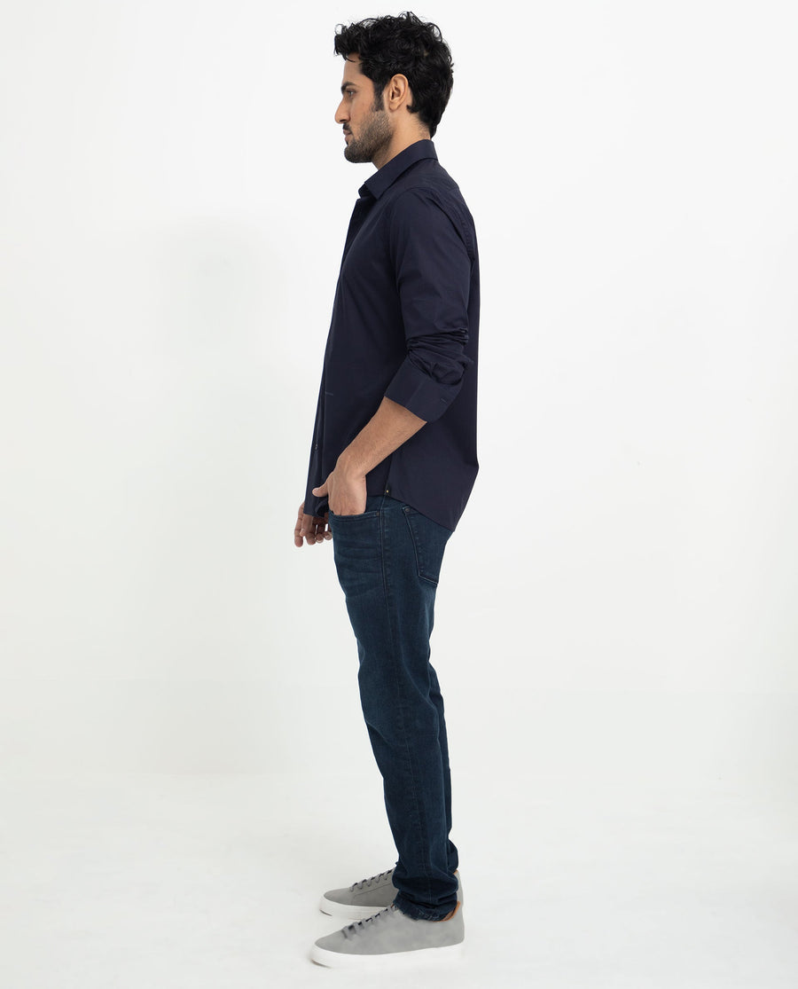 Rare Rabbit Men's Neutons Navy Cotton Plain Regular Fit Full Sleeve Collared Shirt