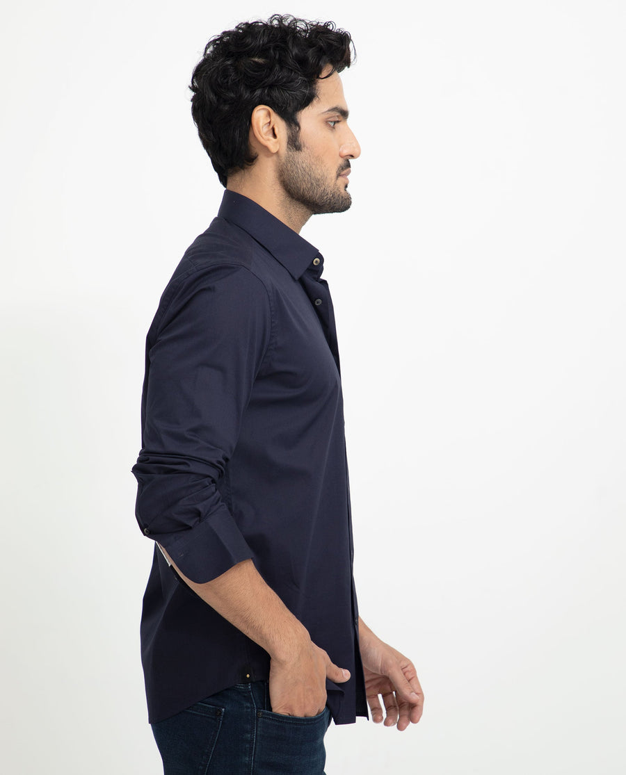 Rare Rabbit Men's Neutons Navy Cotton Plain Regular Fit Full Sleeve Collared Shirt