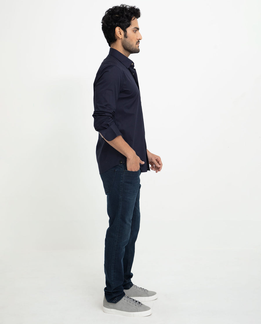 Rare Rabbit Men's Neutons Navy Cotton Plain Regular Fit Full Sleeve Collared Shirt