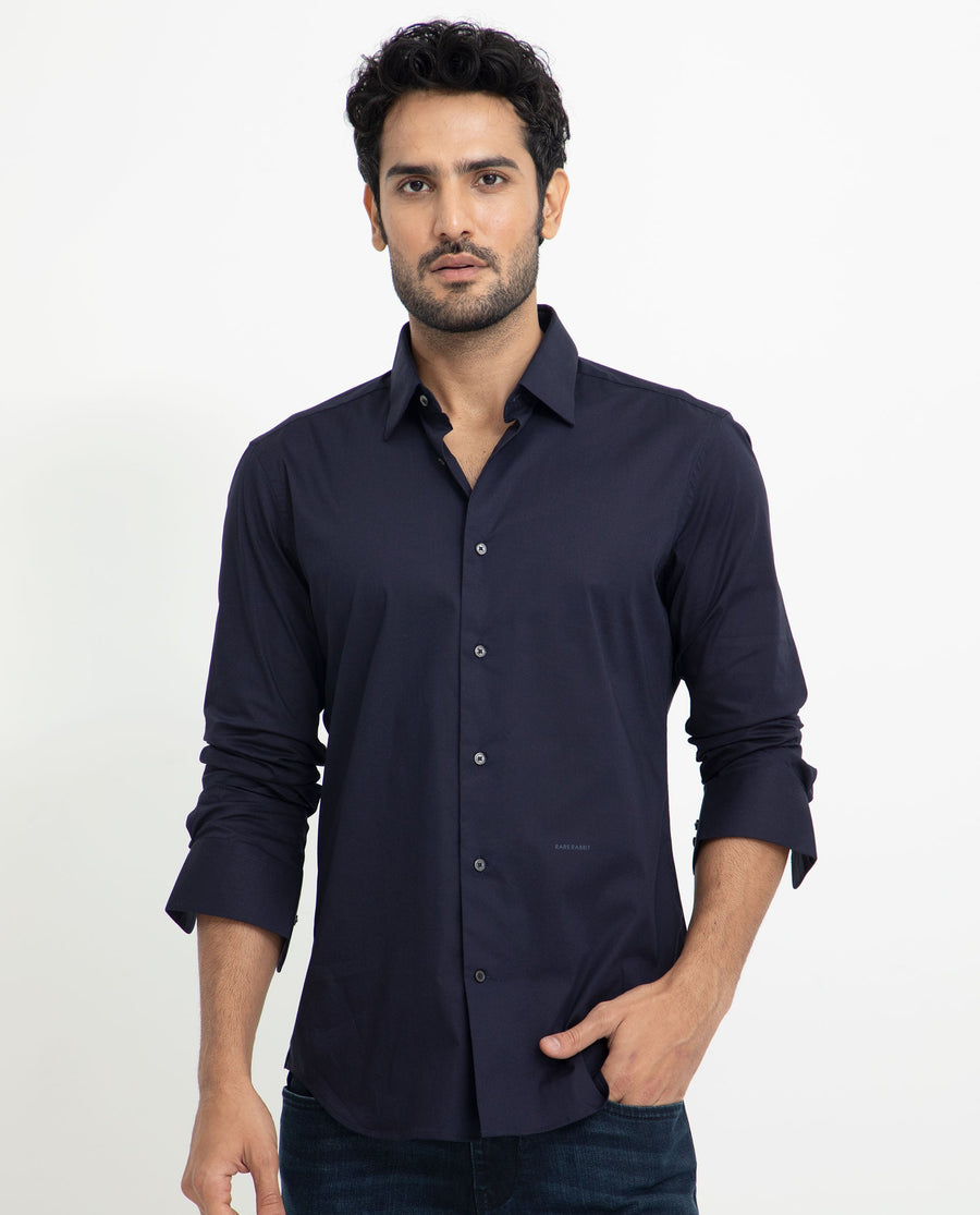 Rare Rabbit Men's Neutons Navy Cotton Plain Regular Fit Full Sleeve Collared Shirt