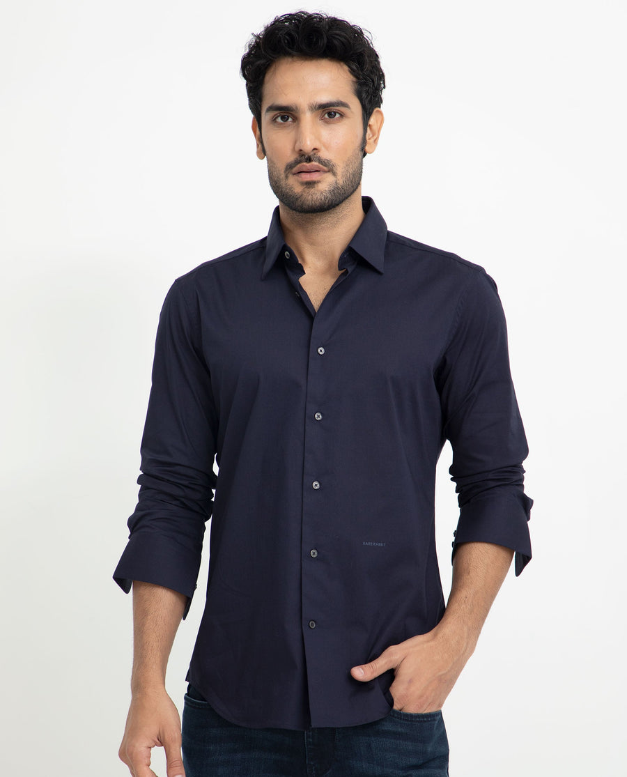 Rare Rabbit Men's Neutons Navy Cotton Plain Regular Fit Full Sleeve Collared Shirt